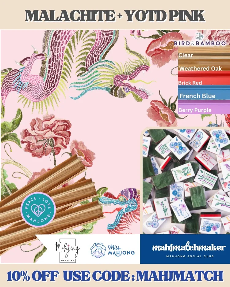 Miss Mahjong Malachite mahjong tiles with Bespoke Mahjong YOTD Pink mahjong mat
