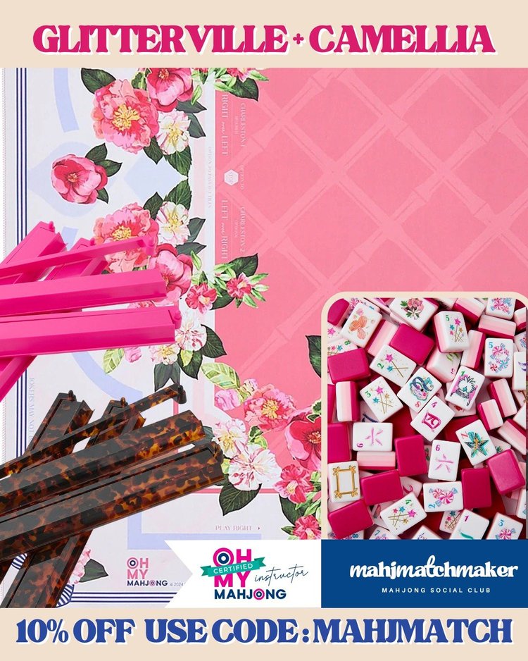 Oh My Mahjong Glitterville mahjong tiles with Oh My Mahjong Camellia mahjong mat