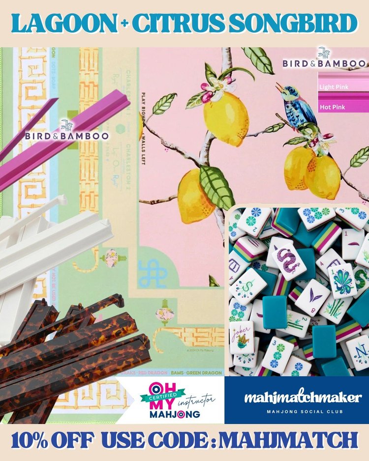 Oh My Mahjong Lagoon mahjong tiles with Oh My Mahjong Citrus Songbird mahjong mat
