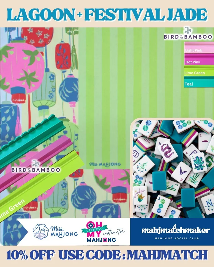 Oh My Mahjong Lagoon mahjong tiles with Miss Mahjong Festival Jade mahjong mat