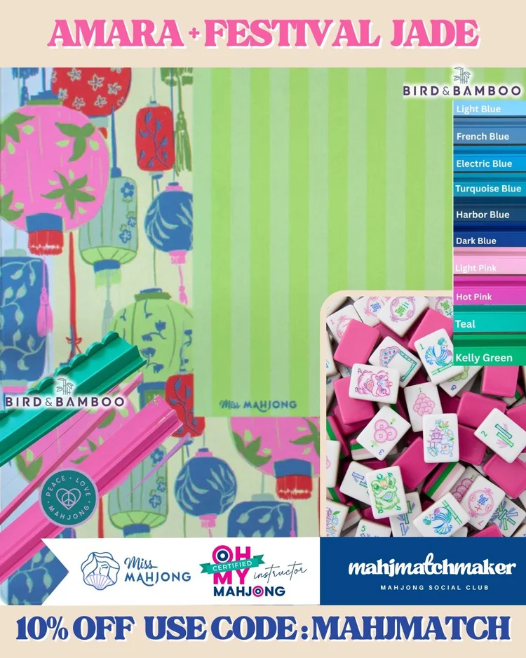 Oh My Mahjong Amara mahjong tiles with Miss Mahjong Festival Jade mahjong mat