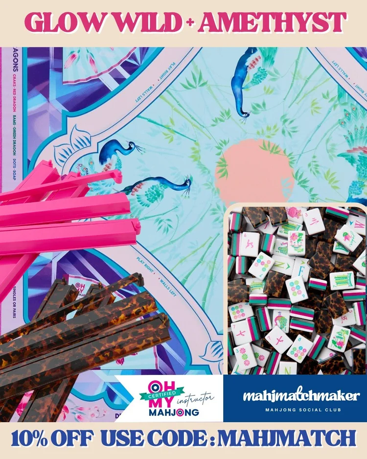 Oh My Mahjong Glow Wild mahjong tiles with Oh My Mahjong Amethyst mahjong mat