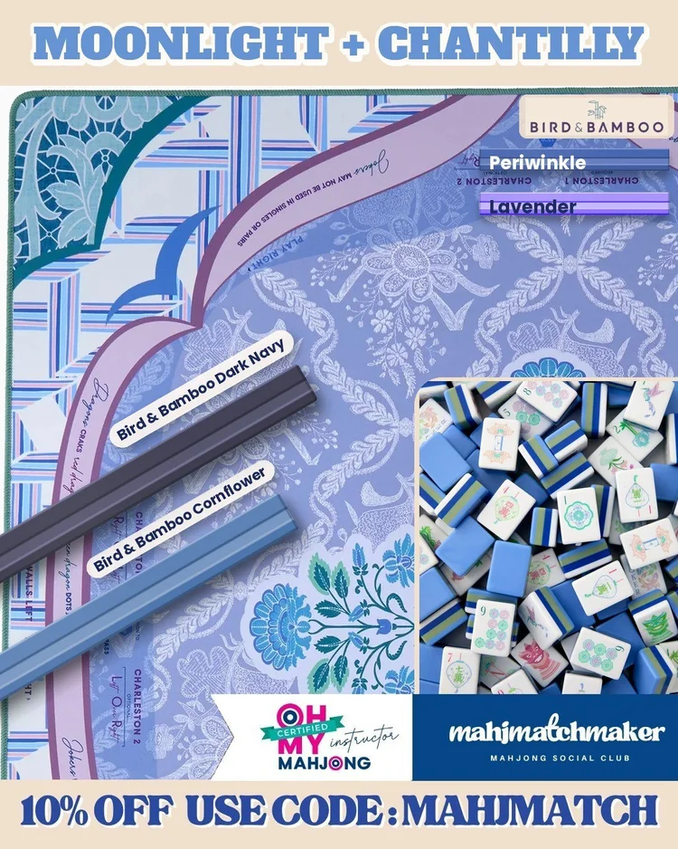 Oh My Mahjong Moonlight mahjong tiles with Oh My Mahjong Chantilly mahjong mat