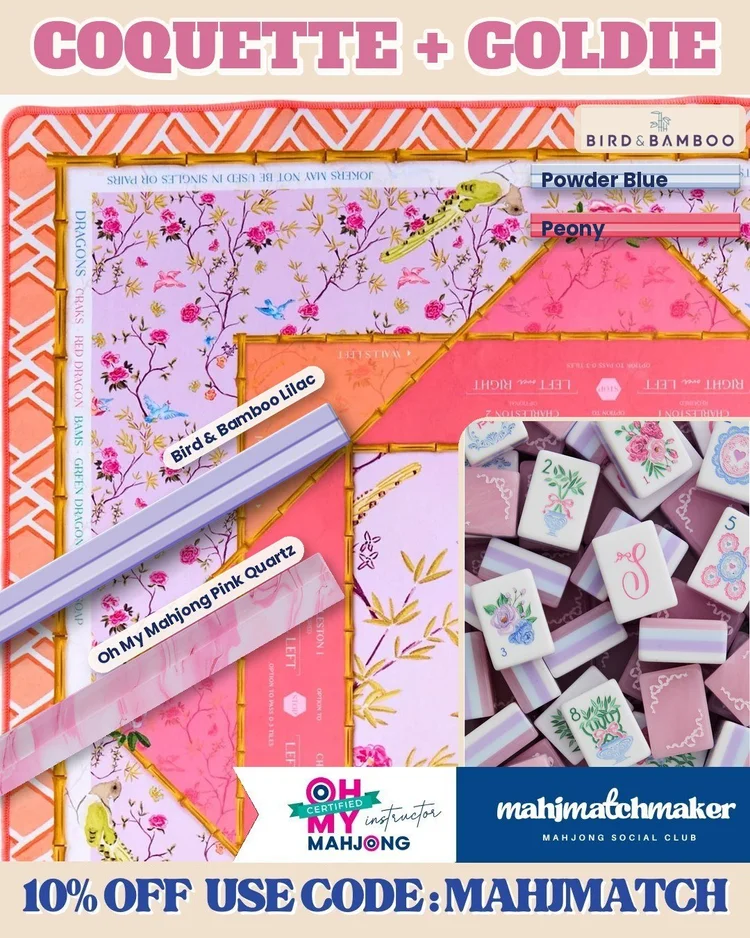 LoveShackFancy Coquette mahjong tiles with Oh My Mahjong Goldie mahjong mat