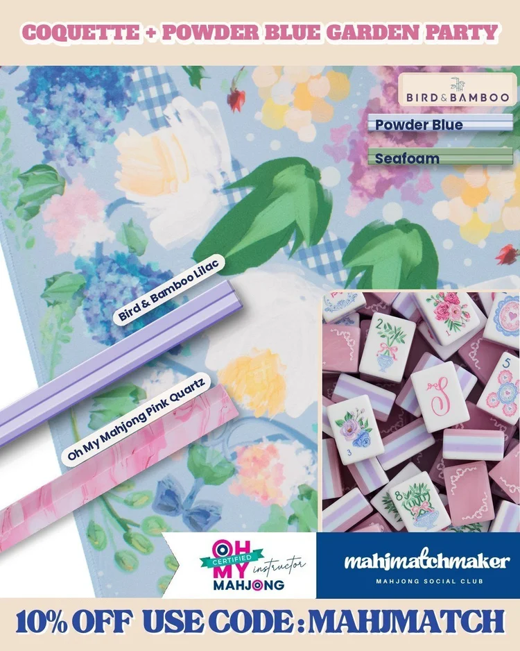LoveShackFancy Coquette mahjong tiles with Miss Mahjong Powder Blue Garden Party mahjong mat