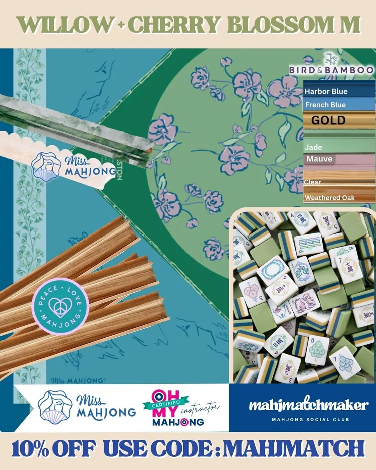 Oh My Mahjong Willow mahjong tiles with Miss Mahjong Cherry Blossom Malachite mahjong mat
