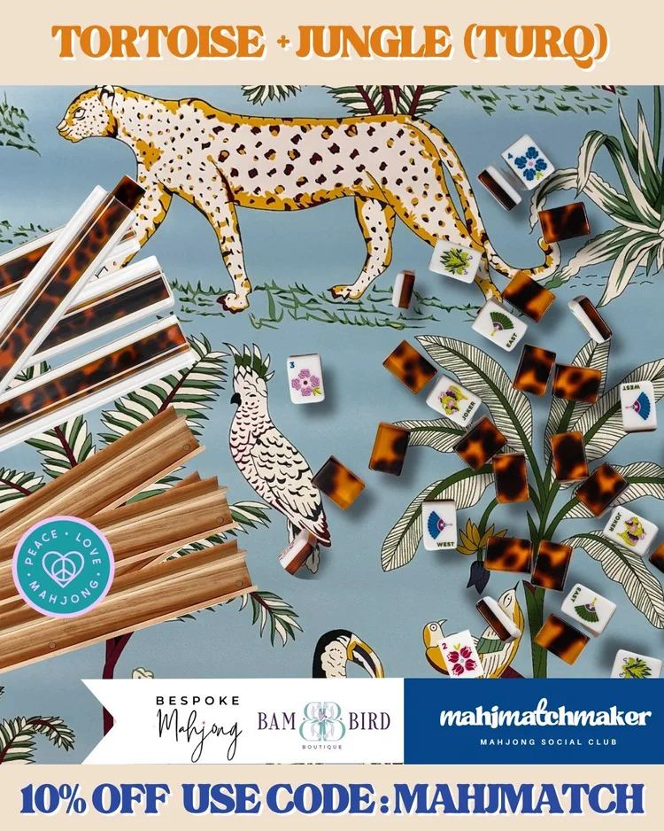 Bam Bird Boutique Tortoise mahjong tiles with Bespoke Mahjong Jungle Turquoise mahjong mat