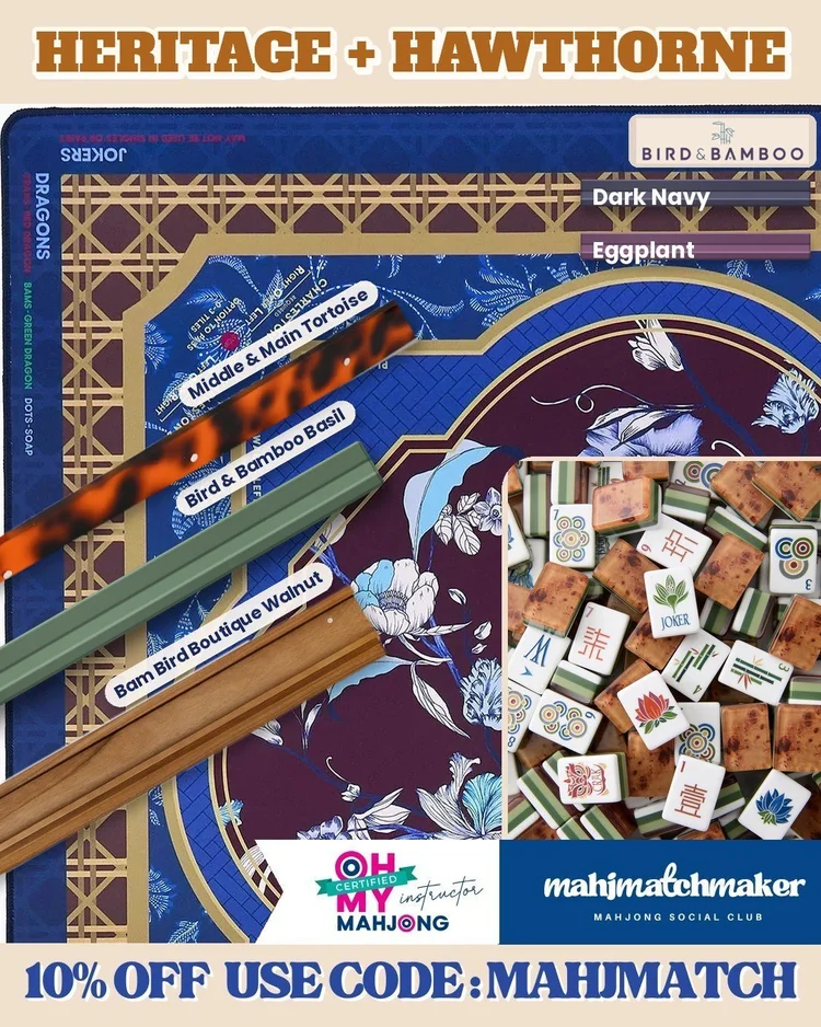 Oh My Mahjong Heritage mahjong tiles with Oh My Mahjong Hawthorne mahjong mat
