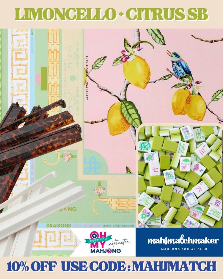 Oh My Mahjong Limoncello mahjong tiles with Oh My Mahjong Citrus Songbird mahjong mat