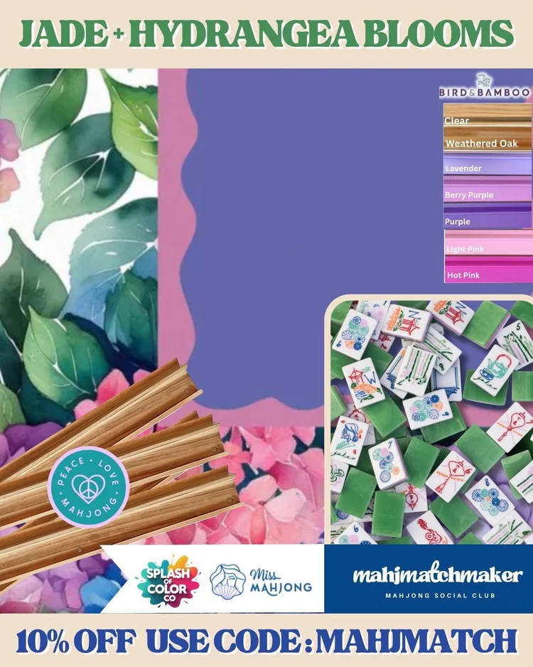 Miss Mahjong Jade mahjong tiles with Splash of Color Hydrangea Blooms mahjong mat