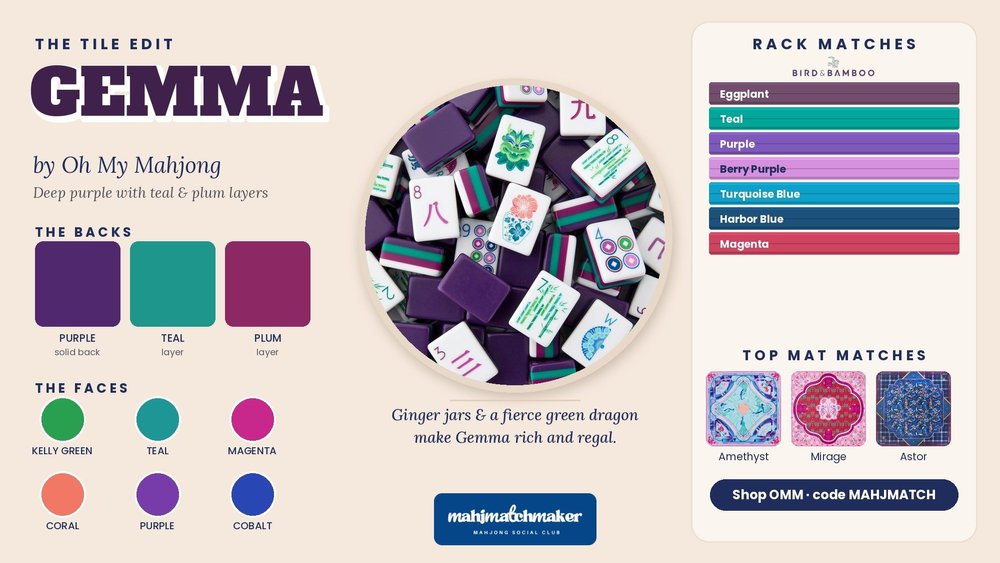 Gemma mahjong tiles color card with rack and mat matches