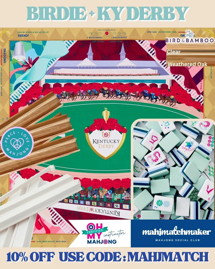 Oh My Mahjong Birdie mahjong tiles with Oh My Mahjong KY Derby mahjong mat