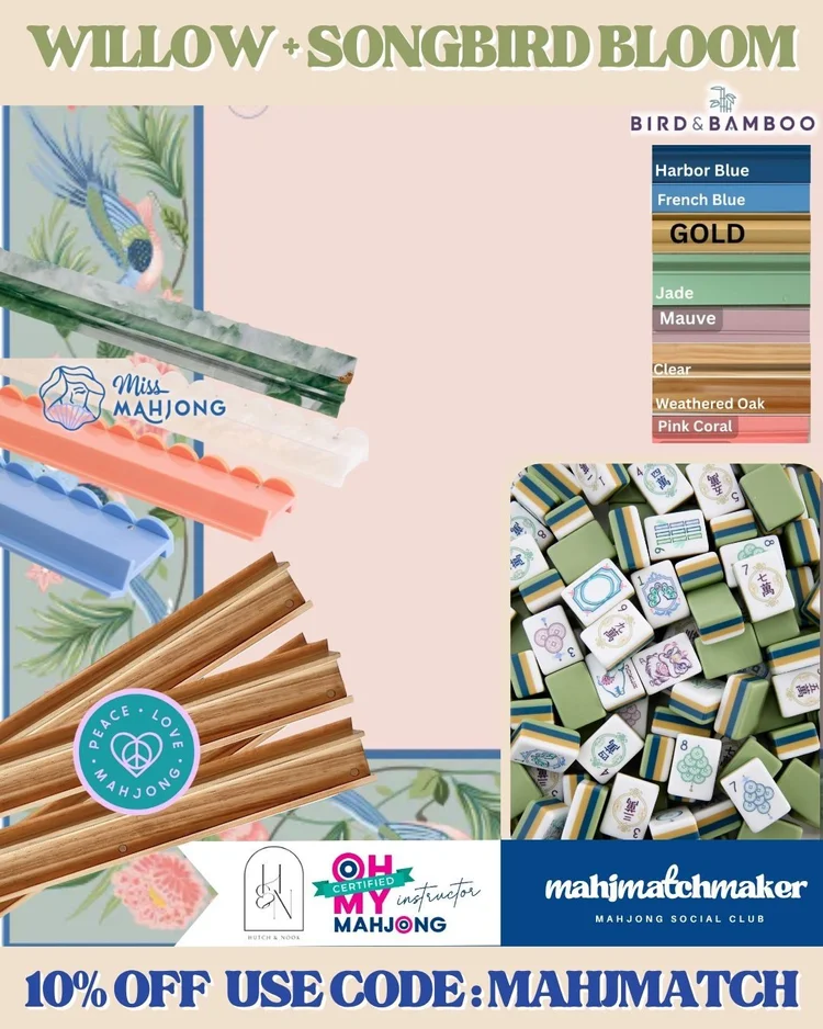 Oh My Mahjong Willow mahjong tiles with Hutch & Nook Songbird Bloom mahjong mat