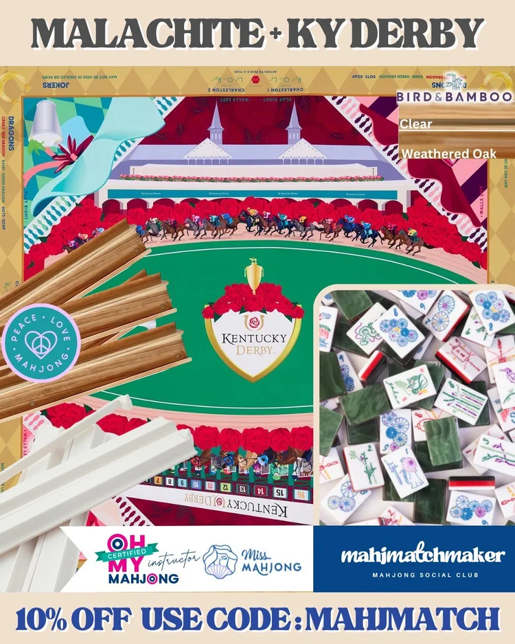 Miss Mahjong Malachite mahjong tiles with Oh My Mahjong KY Derby mahjong mat