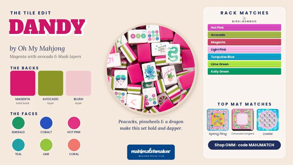 Dandy mahjong tiles color card with rack and mat matches