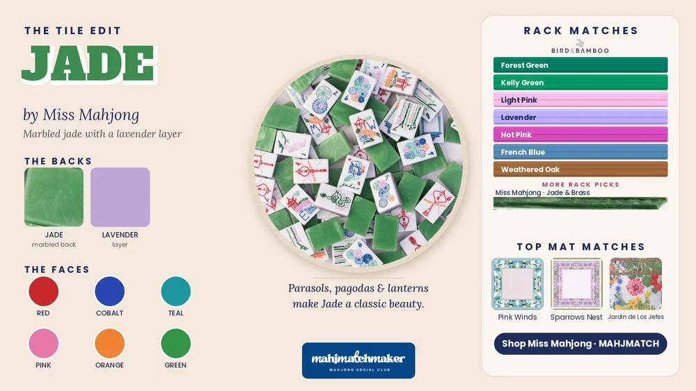 Jade mahjong tiles color card with rack and mat matches