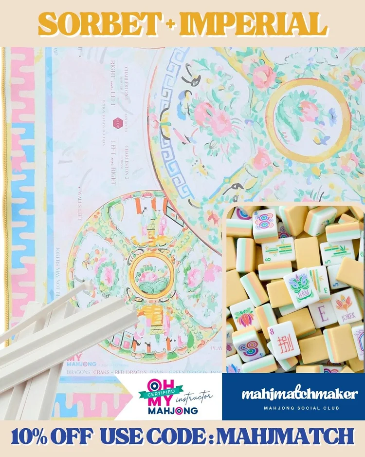 Oh My Mahjong Sorbet mahjong tiles with Oh My Mahjong Imperial mahjong mat