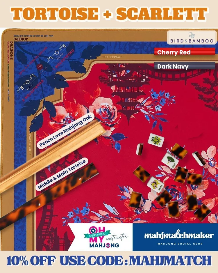 Bam Bird Boutique Classic Tortoise mahjong tiles with Oh My Mahjong Scarlett mahjong mat