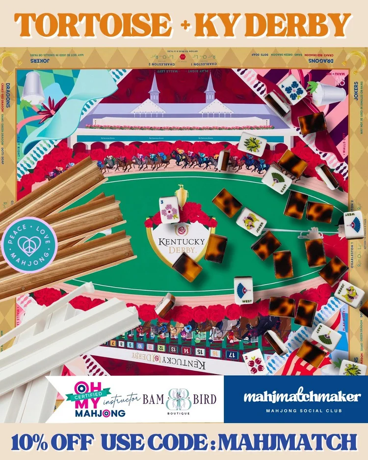 Bam Bird Boutique Tortoise mahjong tiles with Oh My Mahjong KY Derby mahjong mat