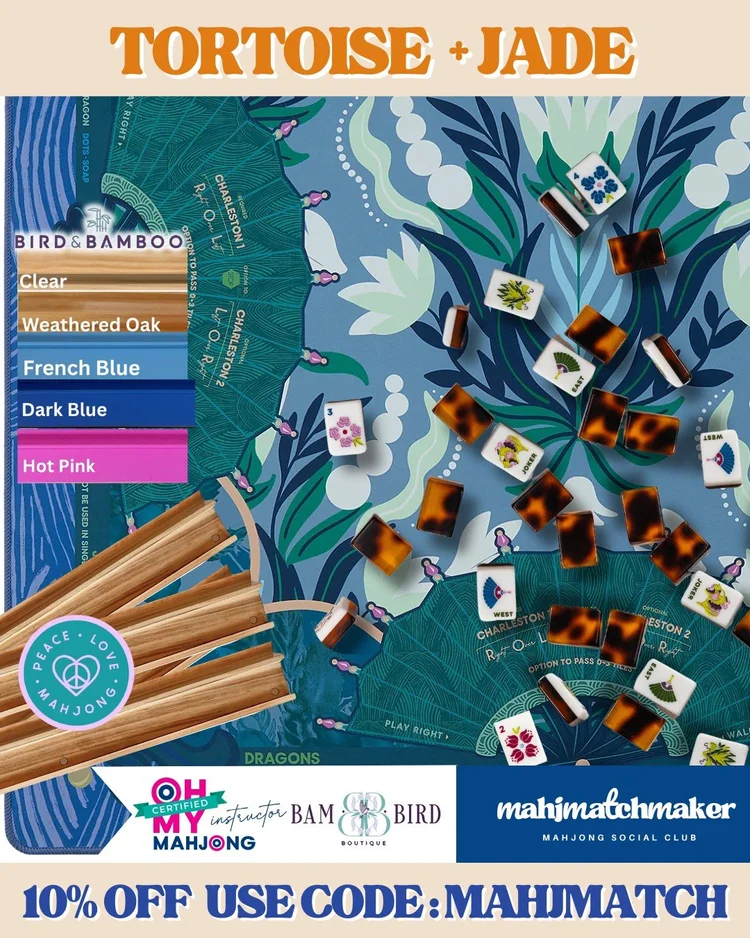 Bam Bird Boutique Tortoise mahjong tiles with Oh My Mahjong Jade mahjong mat