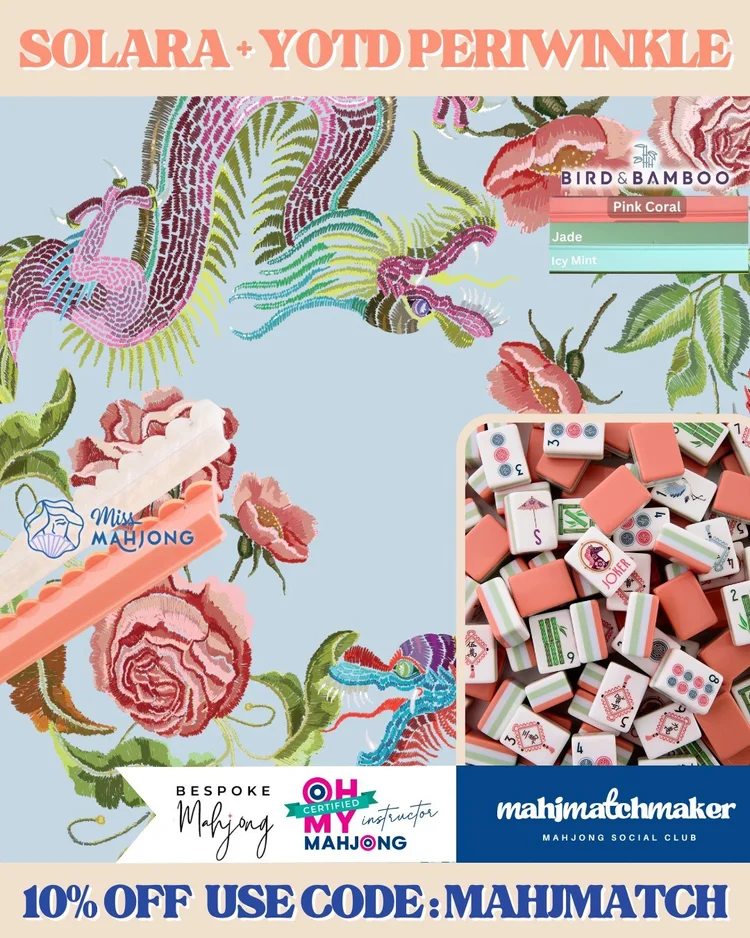 Oh My Mahjong Solara mahjong tiles with Bespoke Mahjong YOTD Periwinkle mahjong mat