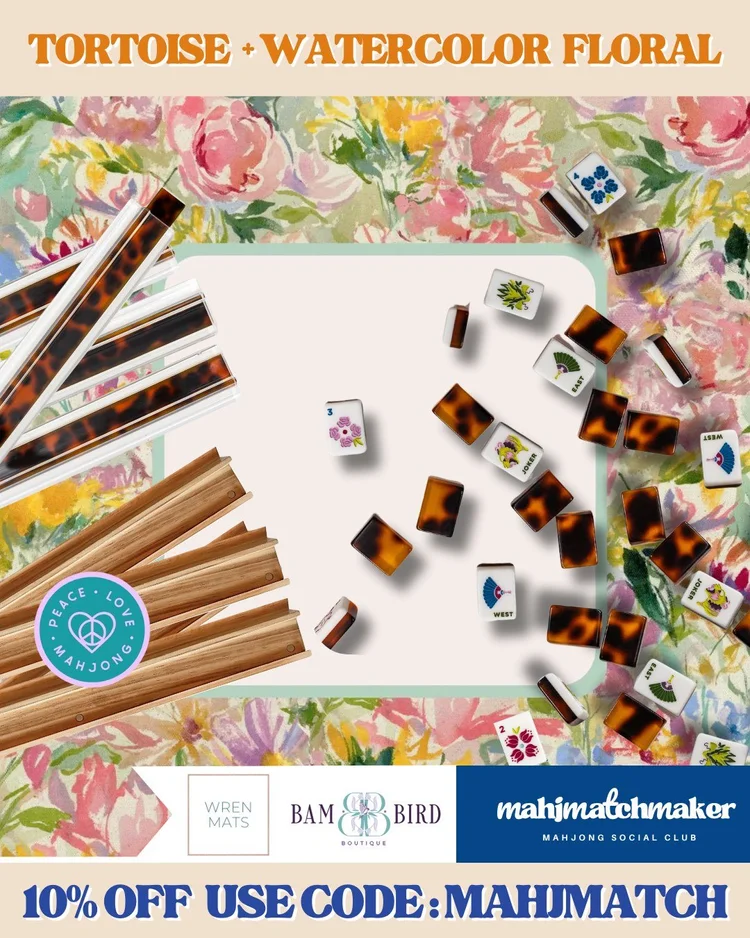 Bam Bird Boutique Tortoise mahjong tiles with Wren Mats Watercolor Floral mahjong mat
