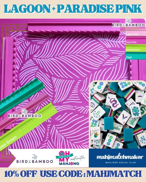 Lagoon mahjong tiles on the Bird & Bamboo Paradise mat in Passion Pink