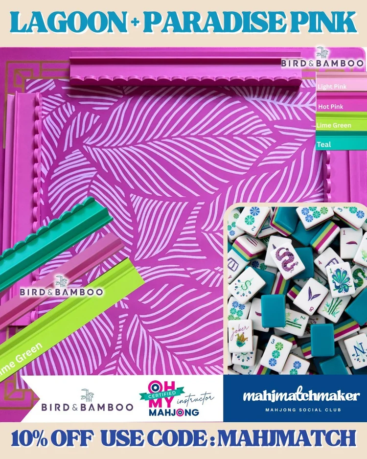 Oh My Mahjong Lagoon mahjong tiles with Bird & Bamboo Paradise Pink mahjong mat