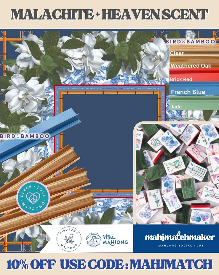 Miss Mahjong Malachite mahjong tiles with Birdsong Mahjong Heaven Scent mahjong mat