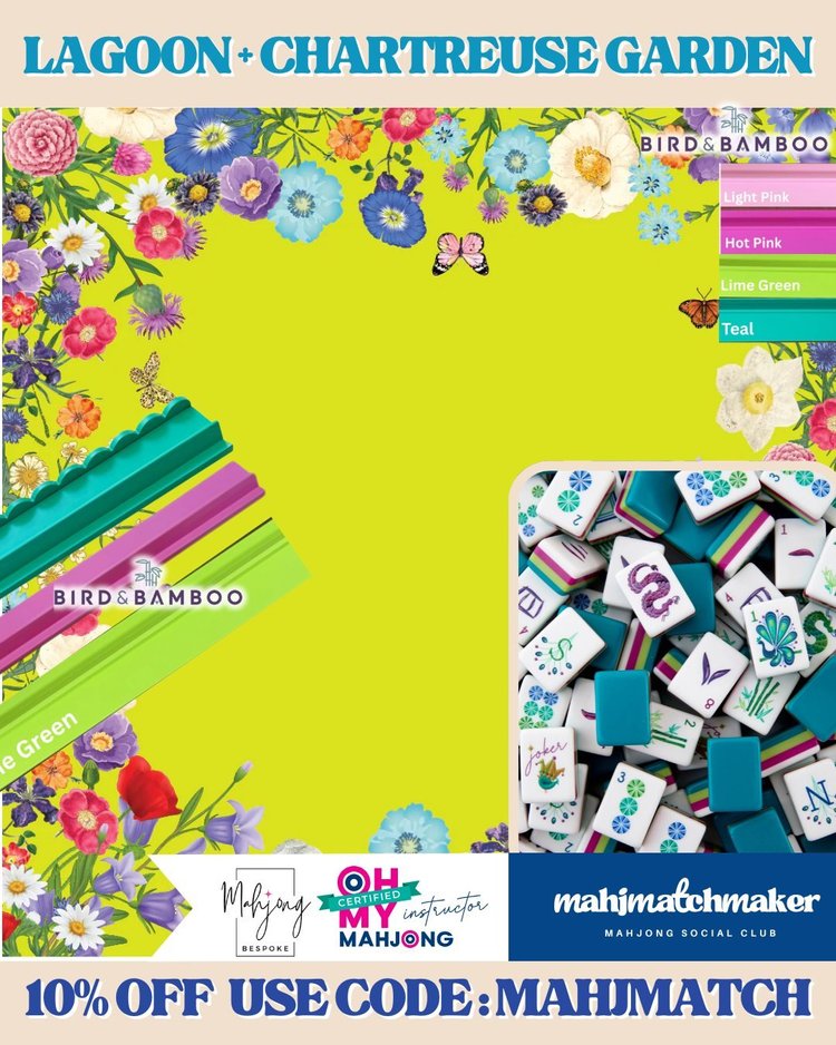 Oh My Mahjong Lagoon mahjong tiles with Bespoke Mahjong Chartreuse Garden mahjong mat