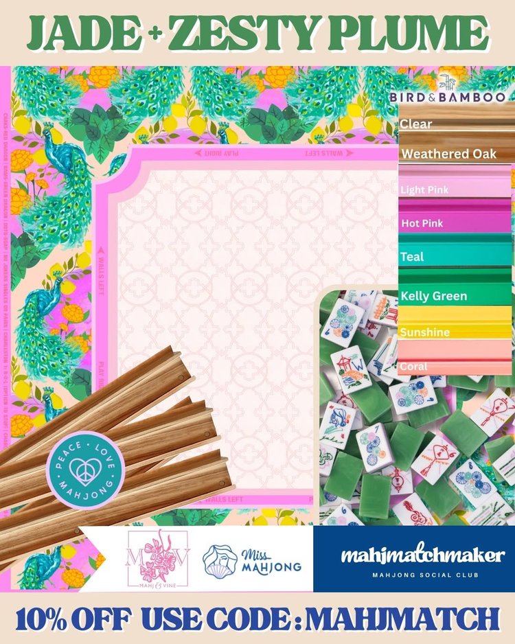 Miss Mahjong Jade mahjong tiles with Mahj & Vine Zesty Plume mahjong mat