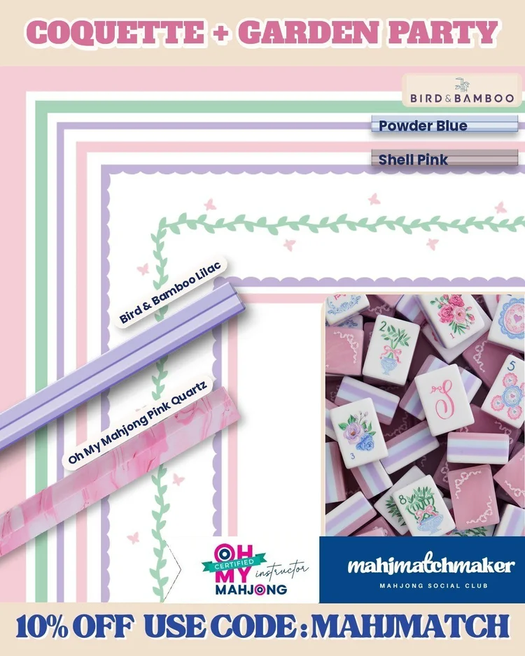 LoveShackFancy Coquette mahjong tiles with Bam! Let's Mahjong Garden Party mahjong mat