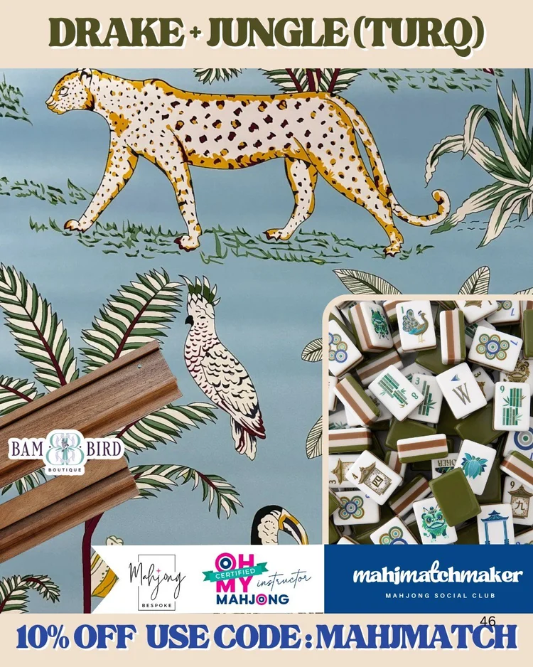 Oh My Mahjong Drake mahjong tiles with Bespoke Mahjong Jungle Turquoise mahjong mat