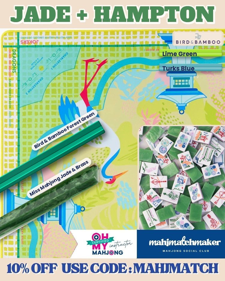 Miss Mahjong Jade mahjong tiles with Oh My Mahjong Hampton mahjong mat