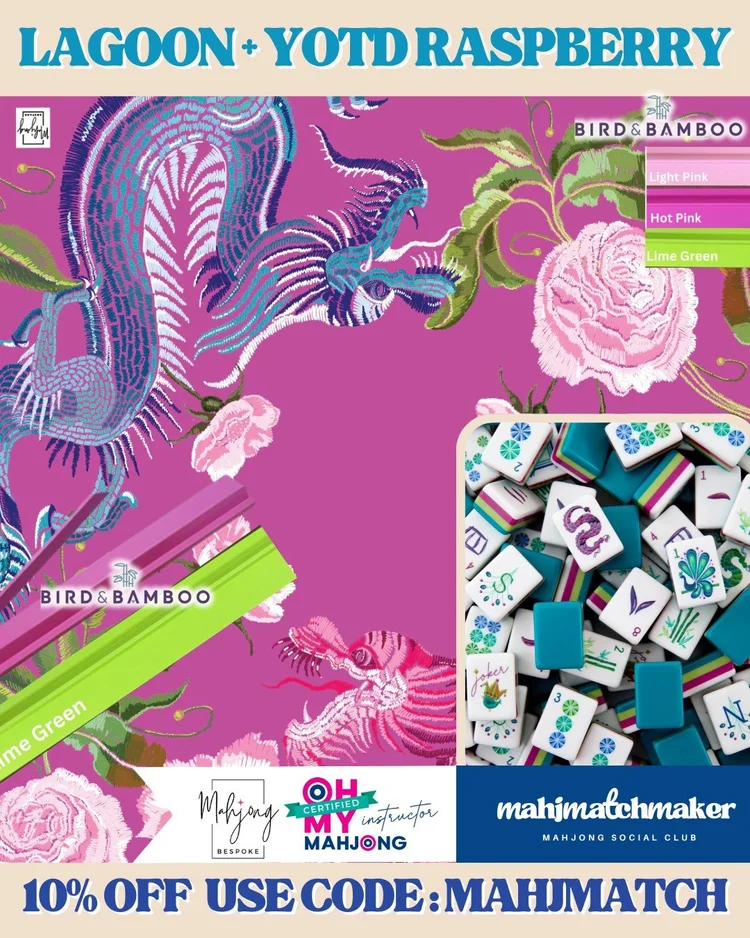 Oh My Mahjong Lagoon mahjong tiles with Bespoke Mahjong YOTD Raspberry mahjong mat