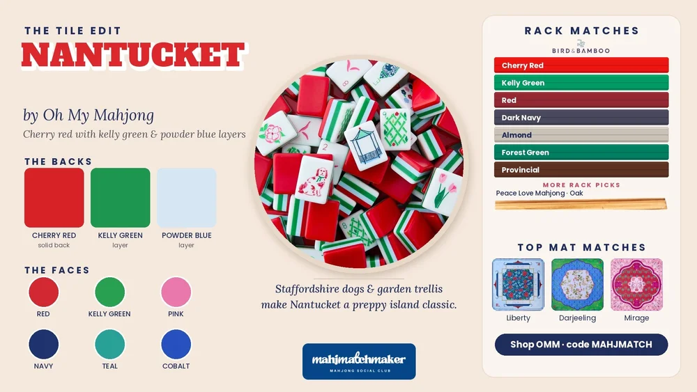 Nantucket mahjong tiles color card with rack and mat matches