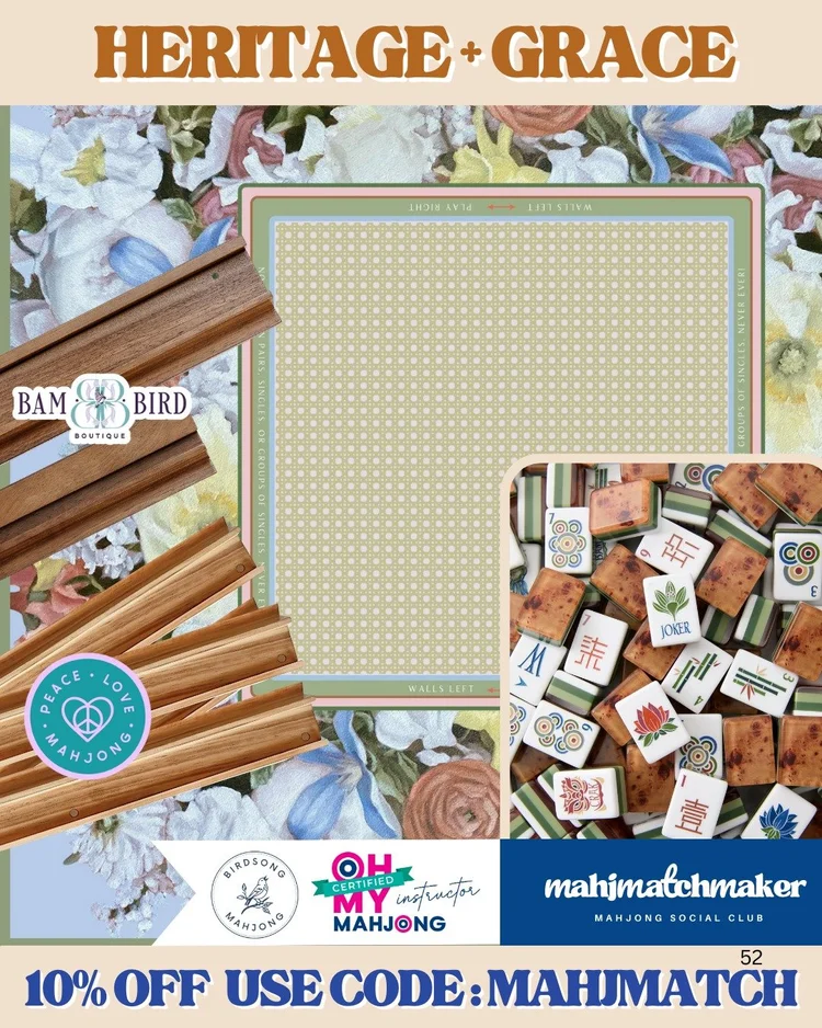 Oh My Mahjong Heritage mahjong tiles with Birdsong Mahjong Grace mahjong mat
