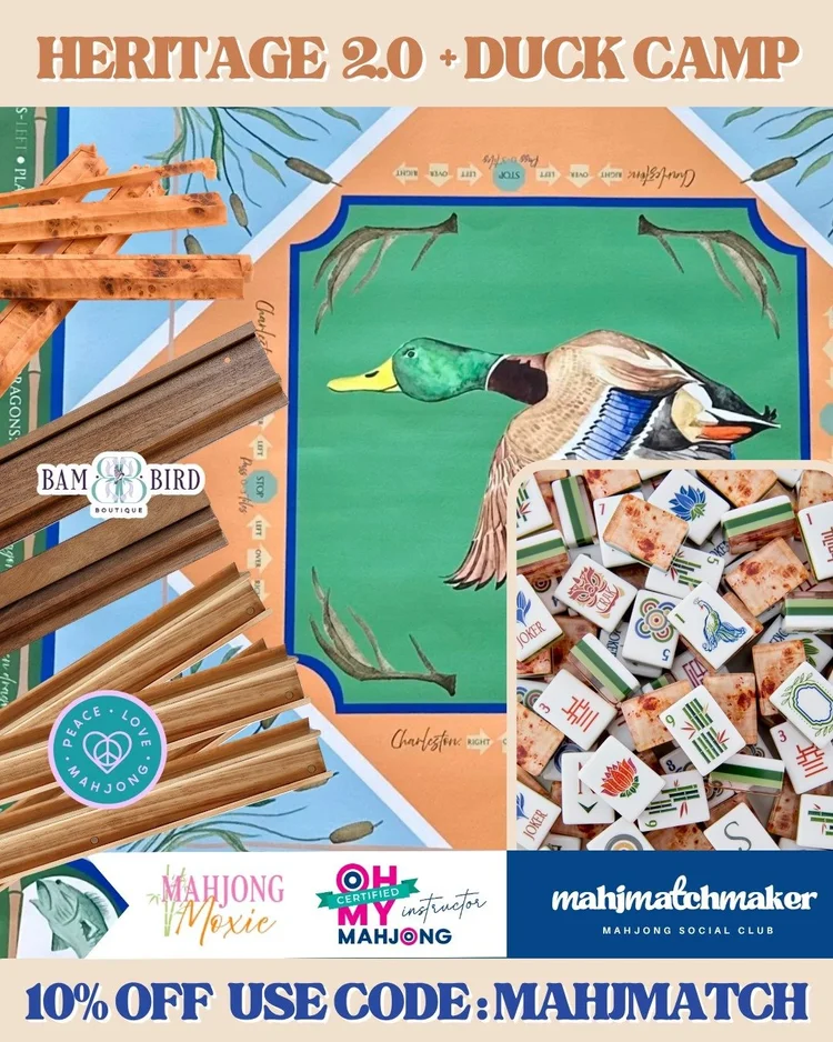 Oh My Mahjong Heritage 2.0 mahjong tiles with Mahjong Moxie Duck Camp mahjong mat