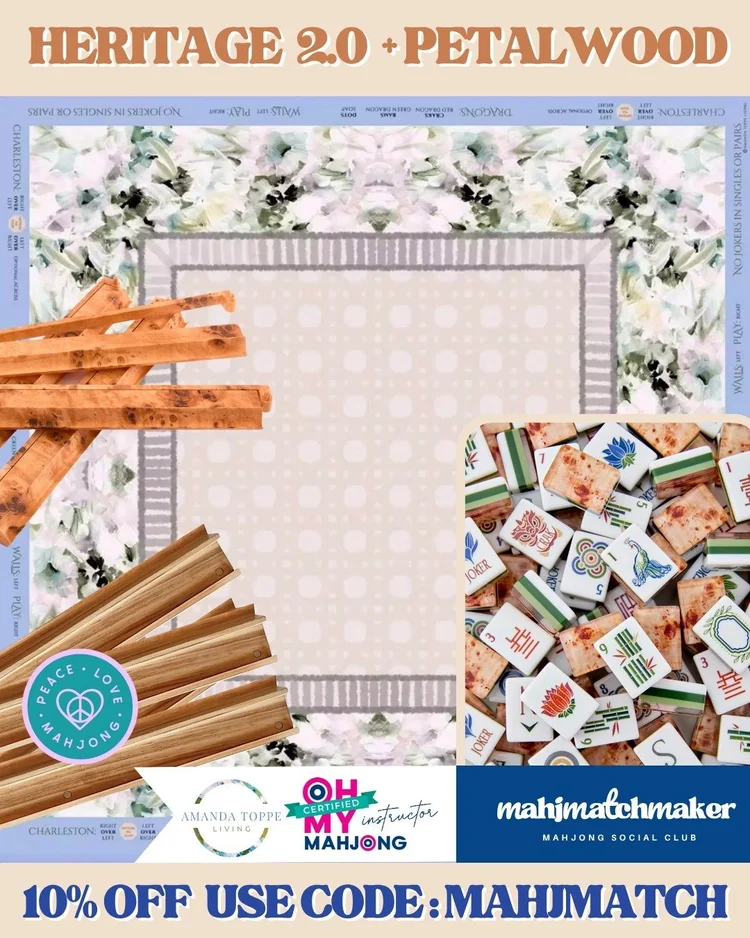 Oh My Mahjong Heritage 2.0 mahjong tiles with Amanda Toppe Petalwood mahjong mat