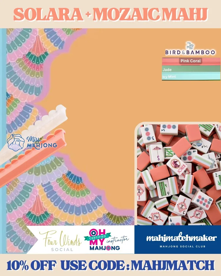 Oh My Mahjong Solara mahjong tiles with Four Winds Social Mozaic Mahj mahjong mat