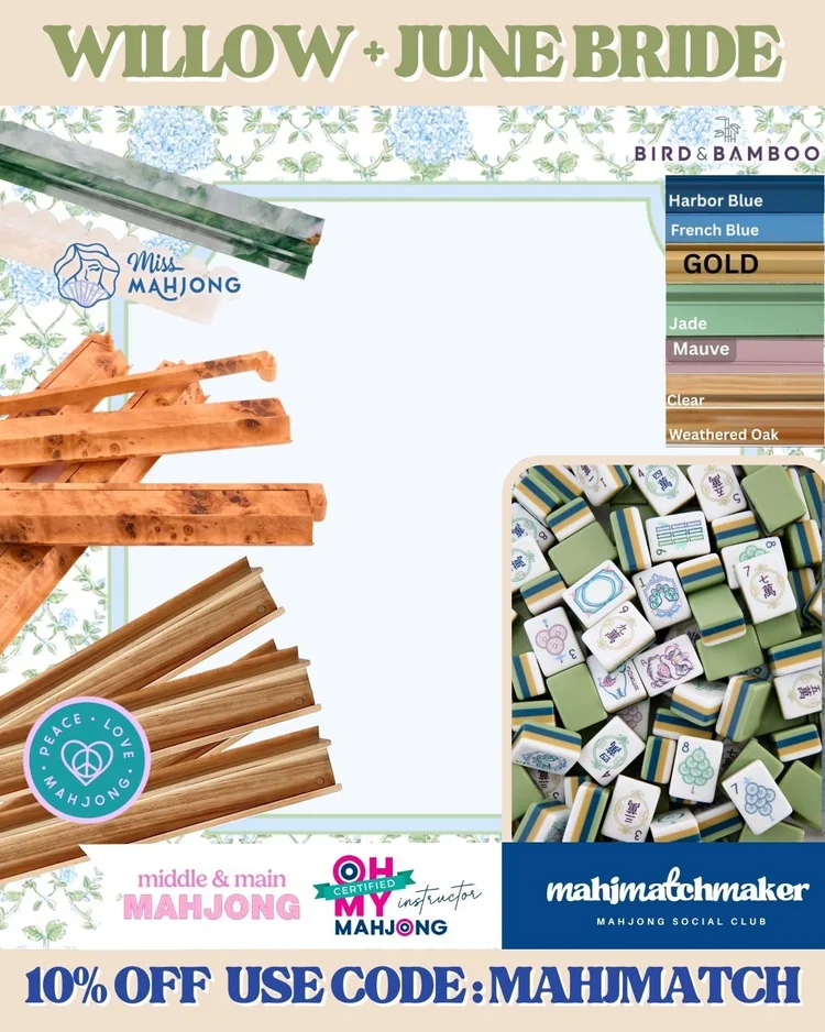 Oh My Mahjong Willow mahjong tiles with Middle & Main Mahjong June Bride mahjong mat