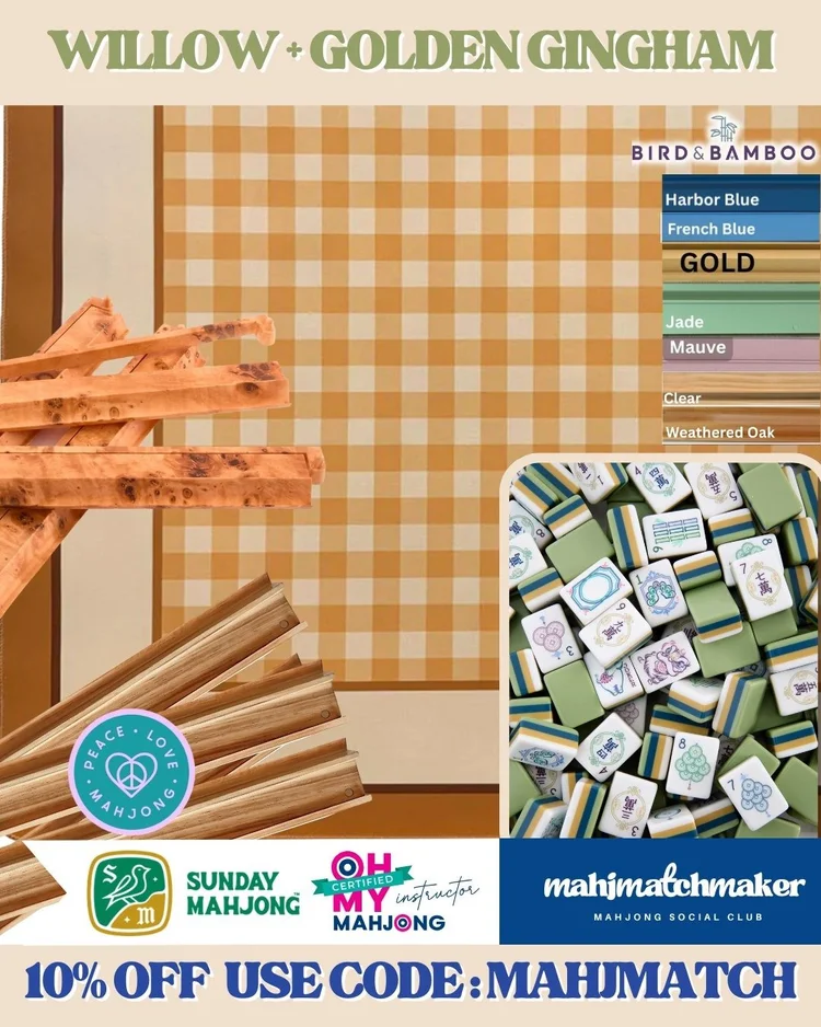 Oh My Mahjong Willow mahjong tiles with Sunday Mahjong Golden Gingham mahjong mat