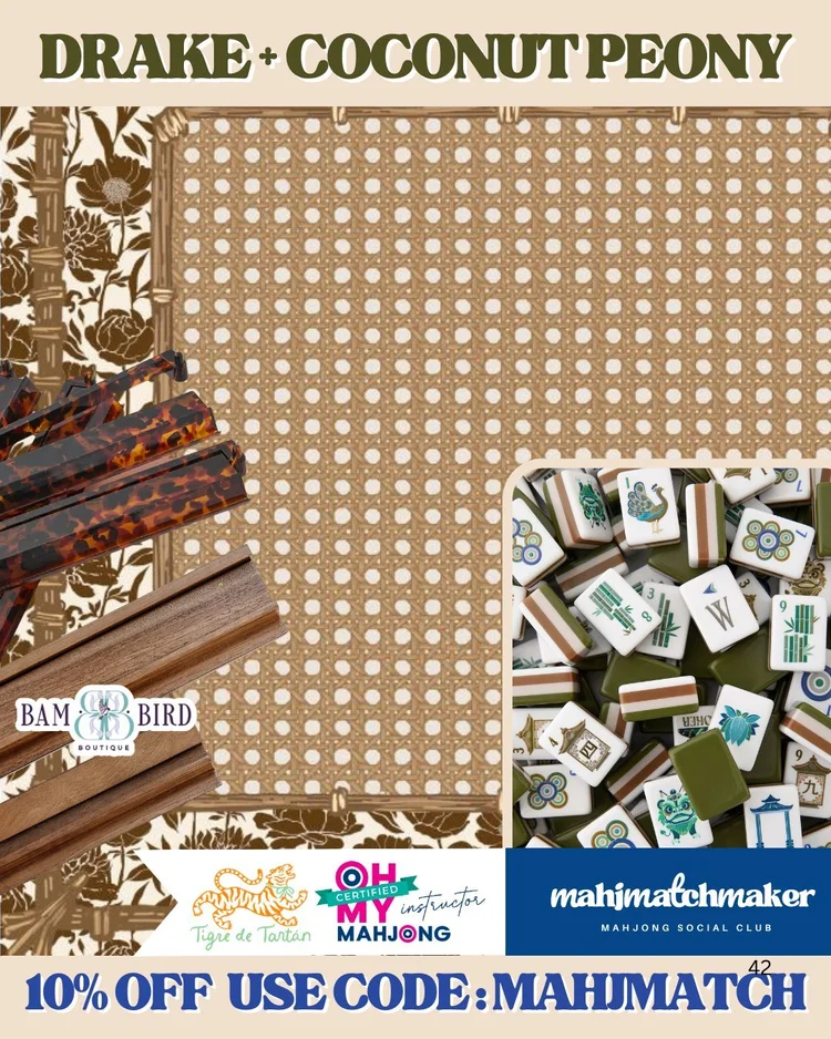 Oh My Mahjong Drake mahjong tiles with Tigre de Tartan Coconut Peony mahjong mat