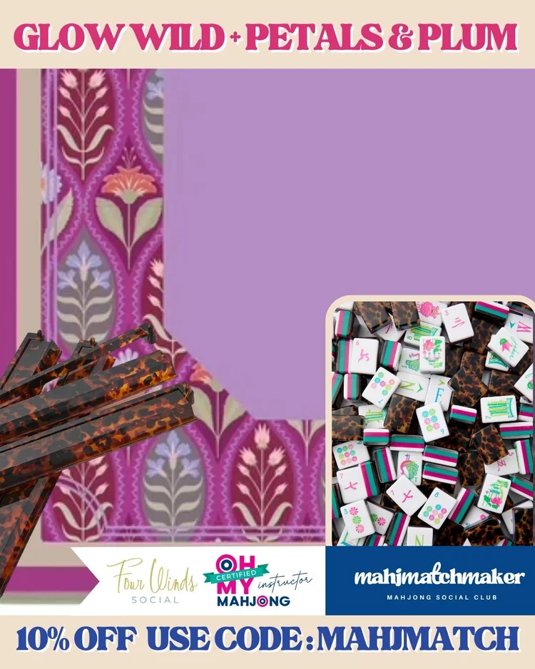 Oh My Mahjong Glow Wild mahjong tiles with Four Winds Social Petals and Plum mahjong mat