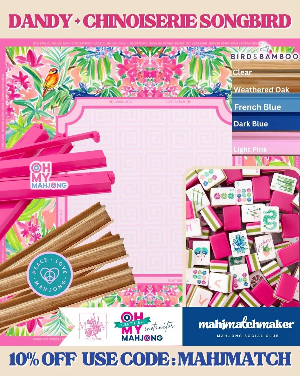 Dandy mahjong tiles on the Mahj and Vine Chinoiserie Songbird mat