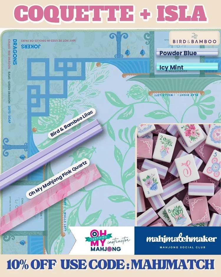 LoveShackFancy Coquette mahjong tiles with Oh My Mahjong Isla mahjong mat
