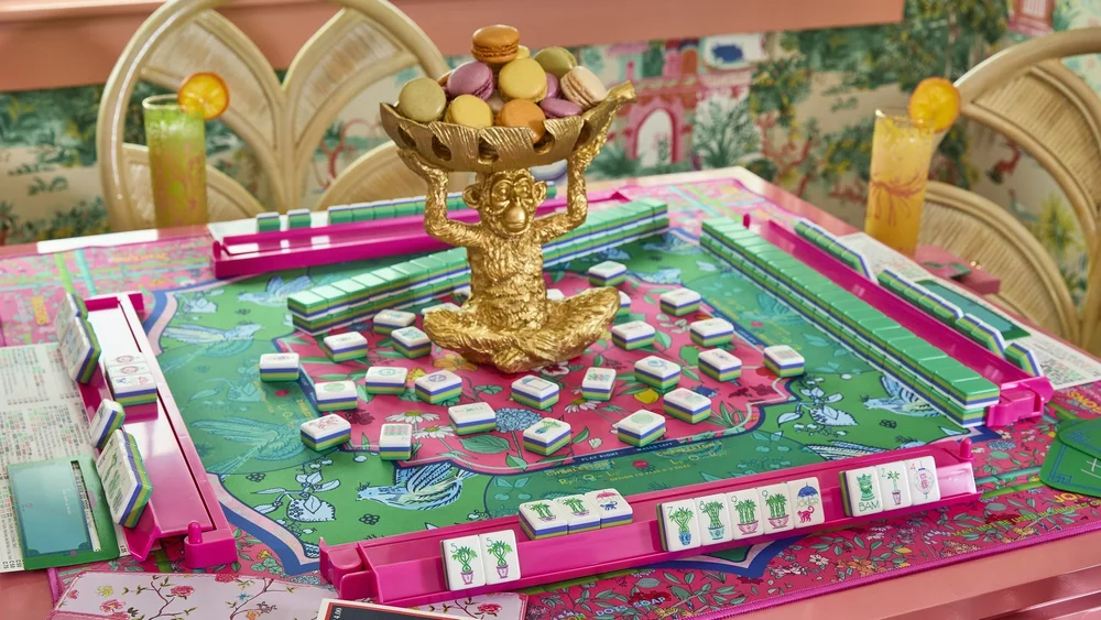 Oh My Mahjong Jasmine mahjong tiles at the table: Jasmine on the Oh My Mahjong Enchanted mat · photo: Oh My Mahjong