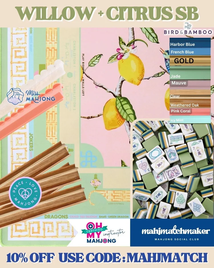 Oh My Mahjong Willow mahjong tiles with Oh My Mahjong Citrus Songbird mahjong mat