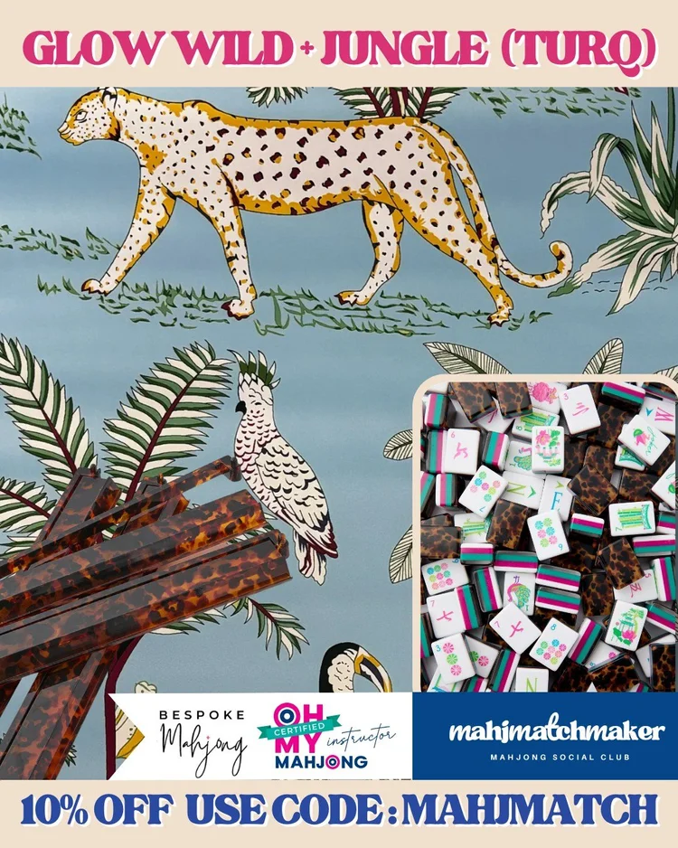 Oh My Mahjong Glow Wild mahjong tiles with Bespoke Mahjong Jungle Turquoise mahjong mat