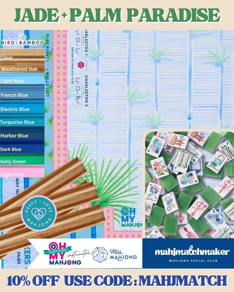 Miss Mahjong Jade mahjong tiles with Oh My Mahjong Palm Paradise mahjong mat